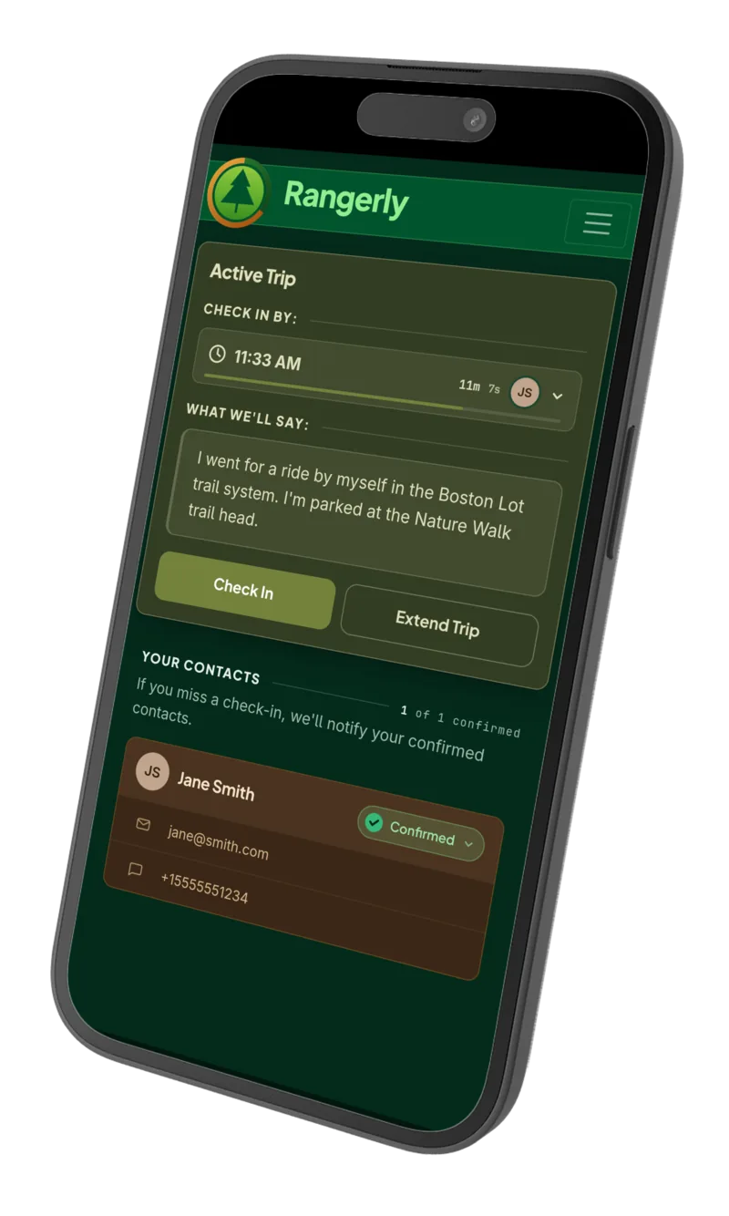 The Rangerly active trip screen on a phone, showing the check-in countdown and a confirmed emergency contact